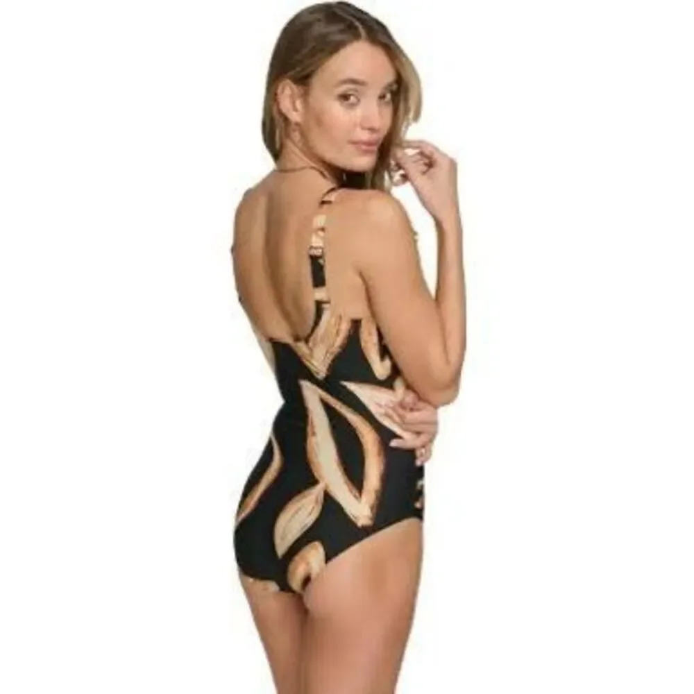 NWT DKNY Women's Black O-Ring One-Piece Bandeau-Neck Swimsuit.  Size M - Picture 2 of 7